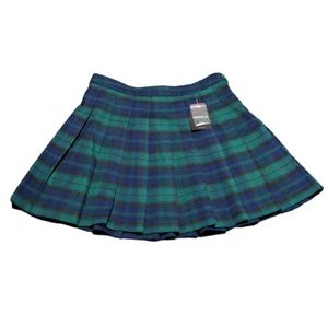 NWT Forever 21 L Blue/Green Plaid Pleated Mini Skirt